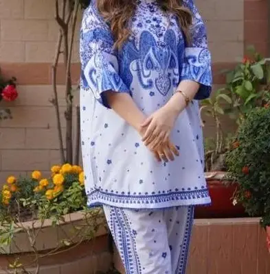 2 Pcs Women's Stitched Blue Swiss Lawn Printed Shirt and Trouser Co-Ord Set – Medium, Large