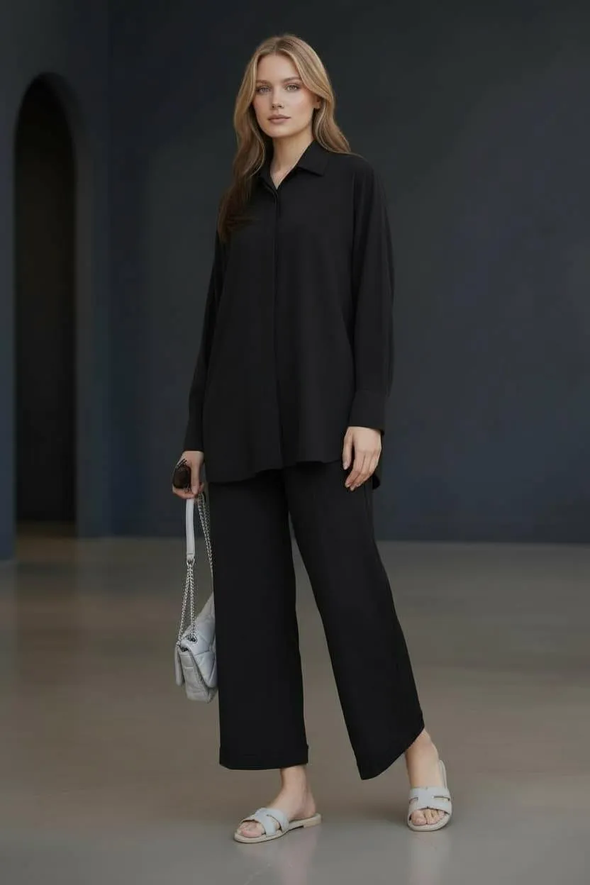 2 Pcs Women's Stitched Black Georgette Plain Shirt and Trouser Set