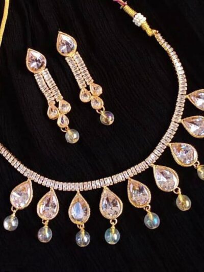 Gold Plated Fancy Necklace Set with American Diamond Stones for Women – Adjustable 2 Pcs