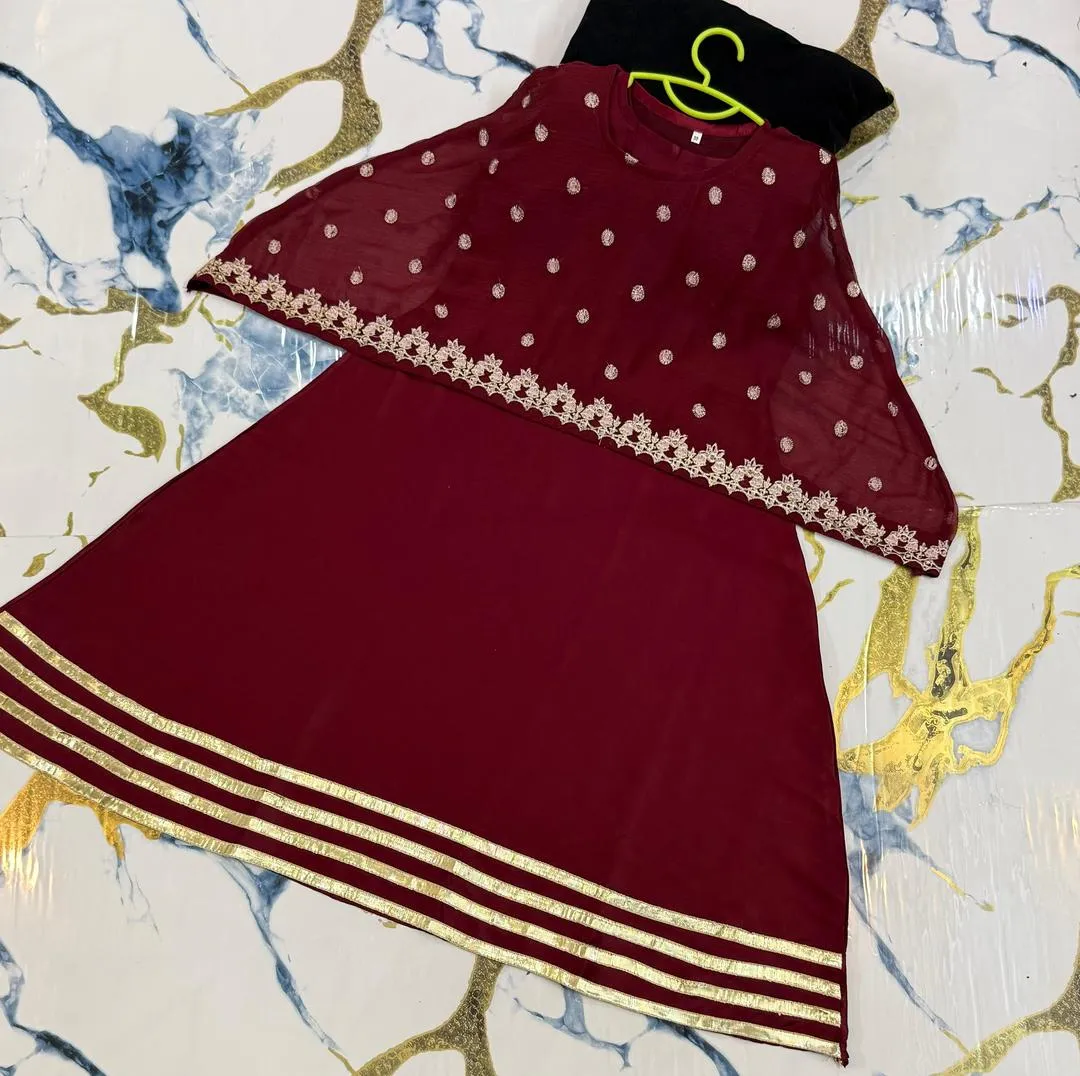 2 Pcs Girl’s Shamoz Silk Embroidered Stitched Maxi Suit with Chiffon Cap Top – Maroon