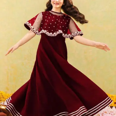 2 Pcs Girl’s Shamoz Silk Embroidered Stitched Maxi Suit with Chiffon Cap Top – Maroon