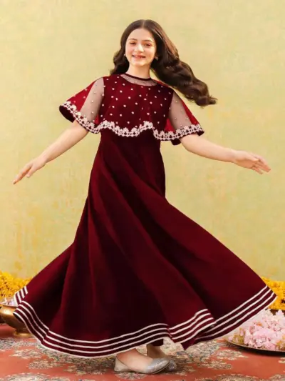 2 Pcs Girl’s Shamoz Silk Embroidered Stitched Maxi Suit with Chiffon Cap Top – Maroon