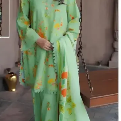 Alhamdulillah Lawn 2026 Women’s 3-Piece Unstitched Patch Work Suit – Green | Digital Printed Lawn Shirt, Chiffon Dupatta & Trouser (2.5m Each)