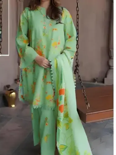 Alhamdulillah Lawn 2026 Women’s 3-Piece Unstitched Patch Work Suit – Green | Digital Printed Lawn Shirt, Chiffon Dupatta & Trouser (2.5m Each)