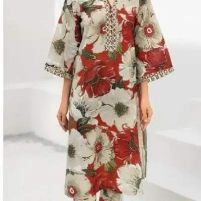 3 Piece Unstitched Digital Printed Lawn Suit with Chiffon Dupatta – Beige