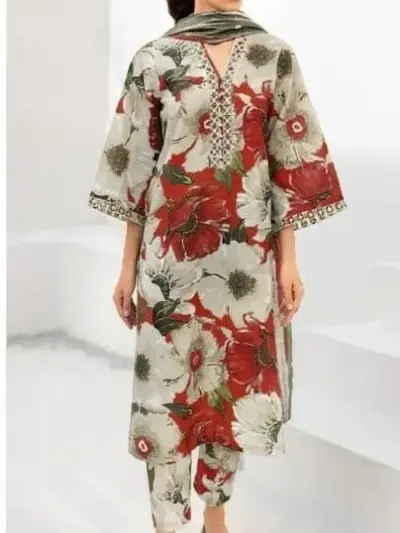 3 Piece Unstitched Digital Printed Lawn Suit with Chiffon Dupatta – Beige