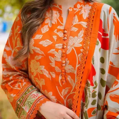 3 Piece Unstitched Digital Printed Lawn Suit with Chiffon Dupatta – Multicolor