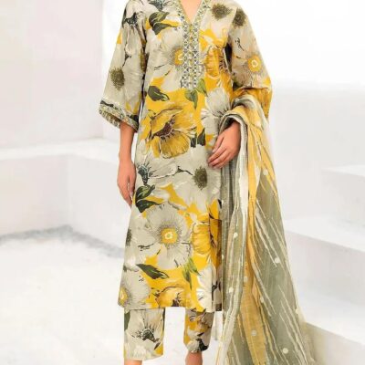 3 Piece Unstitched Digital Printed Lawn Suit with Chiffon Dupatta – Yellow