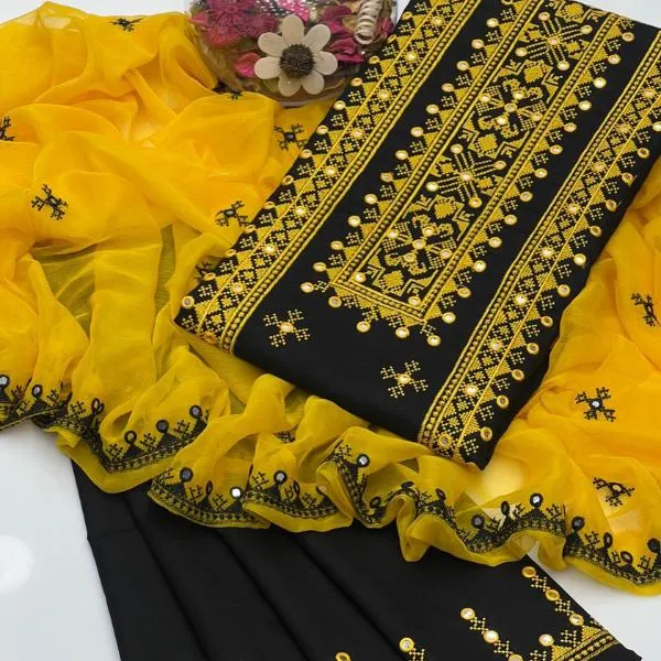 Shop black embroidered lawn 3-piece suit with matching trouser and embroidered chiffon dupatta for elegant women’s traditional wear.
