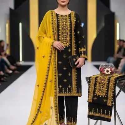 Shop black embroidered lawn 3-piece suit with matching trouser and embroidered chiffon dupatta for elegant women’s traditional wear.