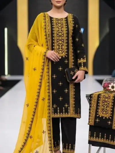Shop black embroidered lawn 3-piece suit with matching trouser and embroidered chiffon dupatta for elegant women’s traditional wear.