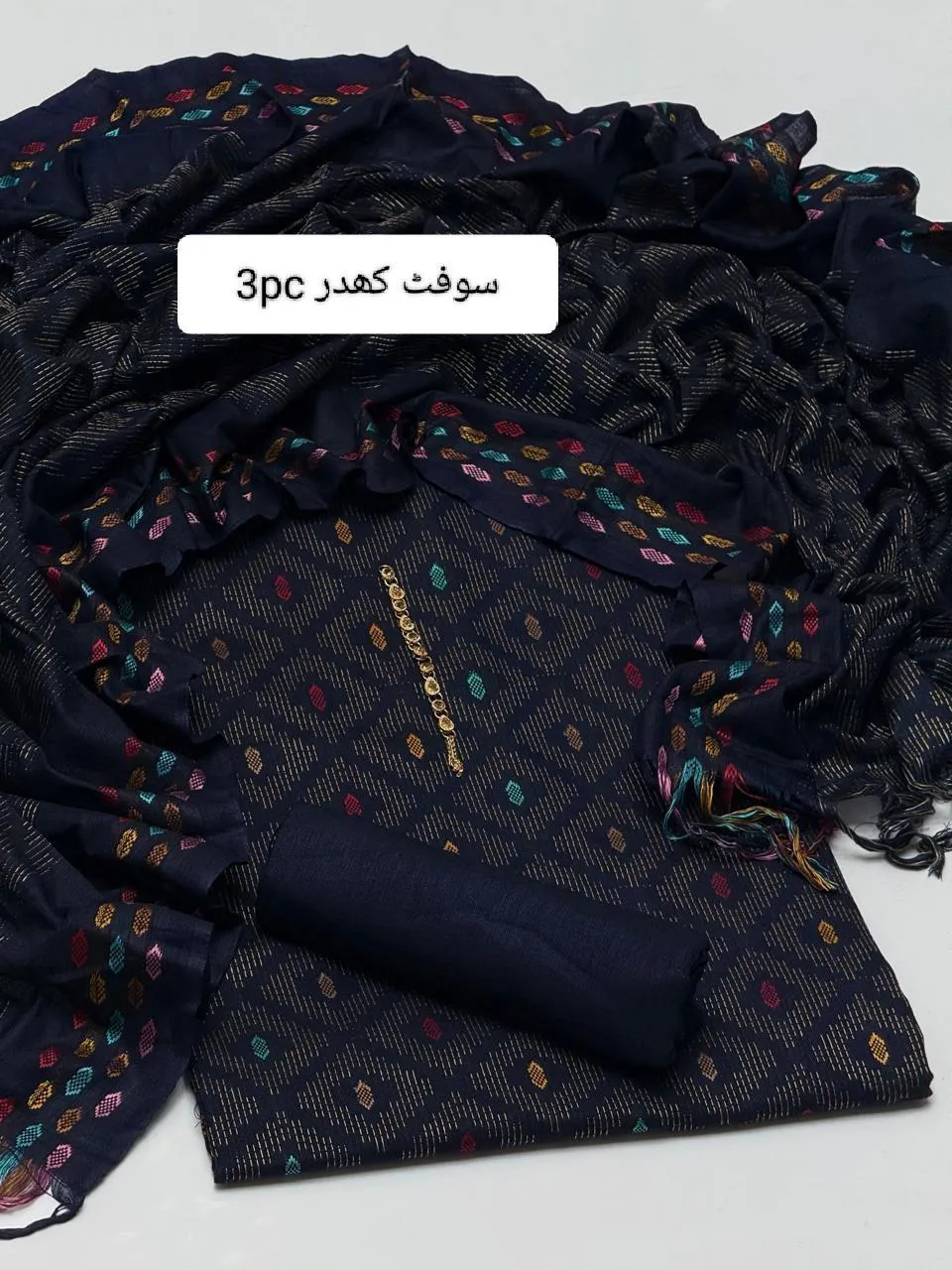 3-Piece Blue Printed Embroidered Khaddar Suit for Women