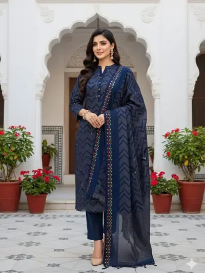 3-Piece Blue Printed Embroidered Khaddar Suit for Women