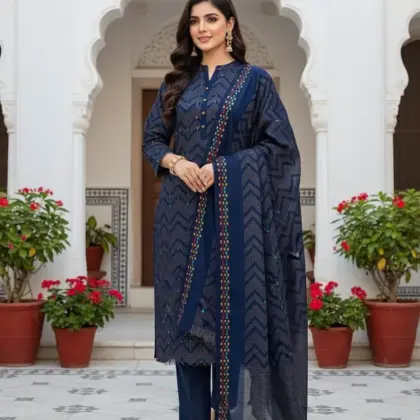 3-Piece Blue Printed Embroidered Khaddar Suit for Women