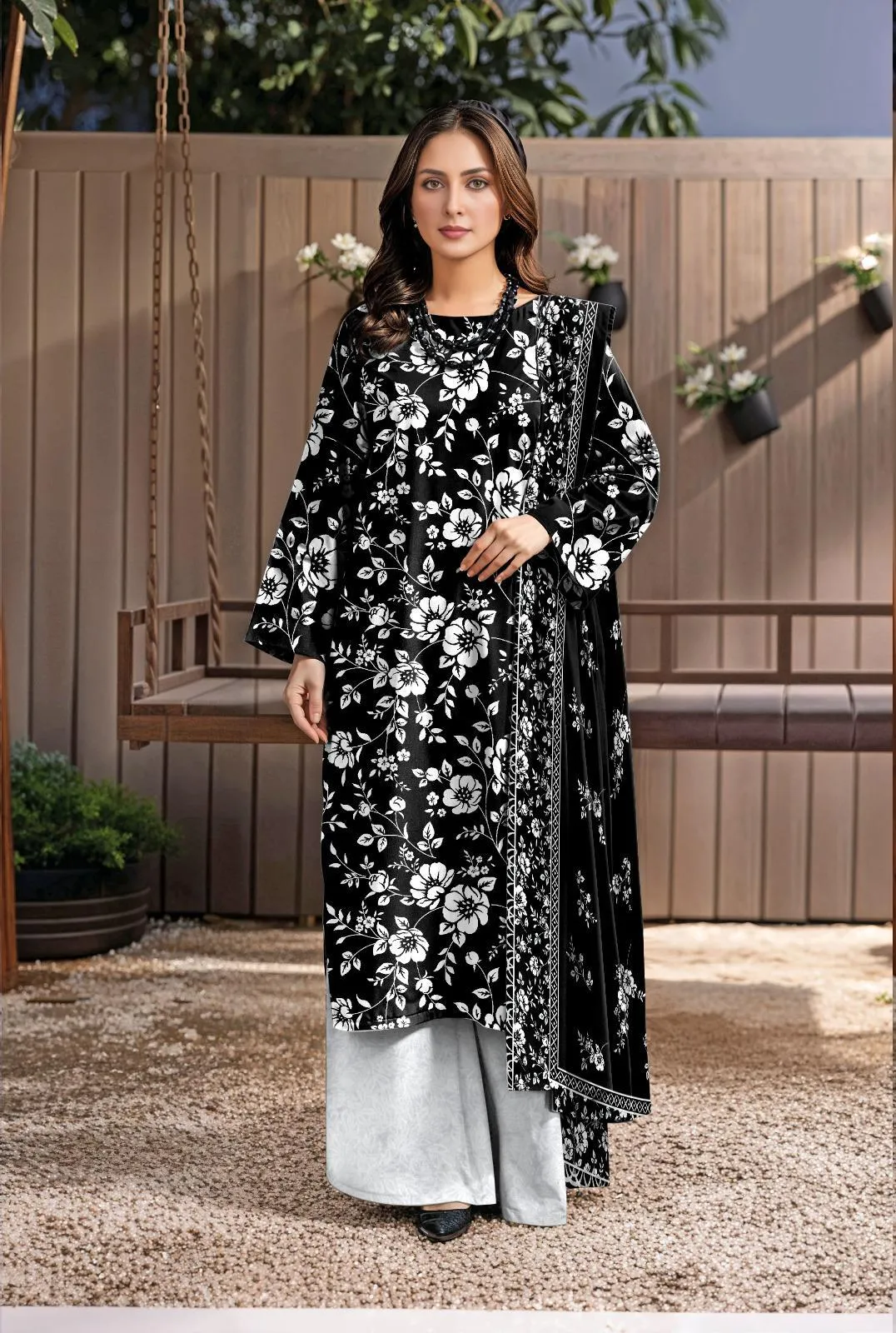 Black Floral Digital Print Lawn Kurta Set with Grey Pants and Scarf for Women