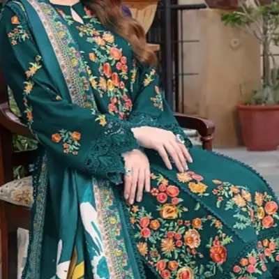 Blue Floral Embroidered Lawn Kurta Set for Women with Digital Print Dupatta – 3 Pcs