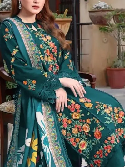 Blue Floral Embroidered Lawn Kurta Set for Women with Digital Print Dupatta – 3 Pcs