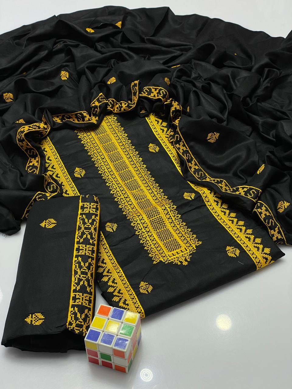 Black Gold Embroidered Unstitched Linen Suit for Women with Embroidered Dupatta – 3 Pcs