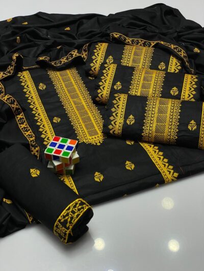 Black Gold Embroidered Unstitched Linen Suit for Women with Embroidered Dupatta – 3 Pcs
