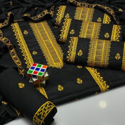 Black Gold Embroidered Unstitched Linen Suit for Women with Embroidered Dupatta – 3 Pcs