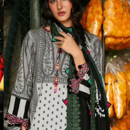 Off White Printed Lawn Kurti Set with Dobby Lawn Dupatta – 3 Pcs
