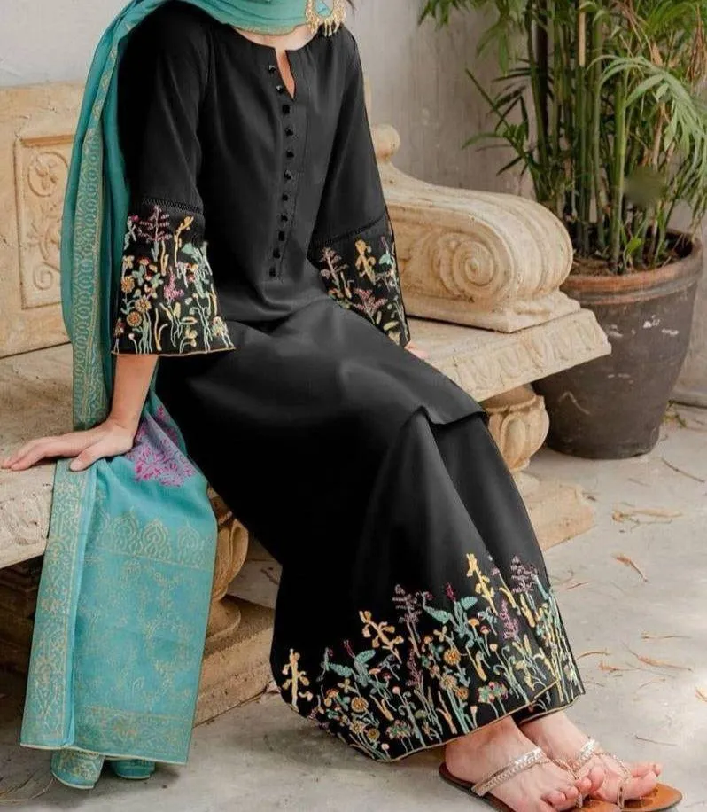 Black Embroidered 3-Piece Lawn Suit with Printed Diamond Dupatta