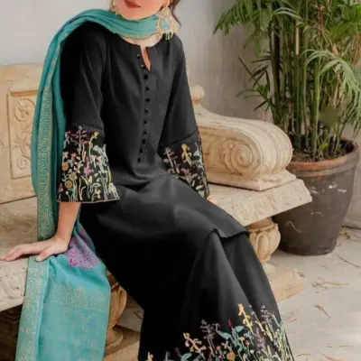 Black Embroidered 3-Piece Lawn Suit with Printed Diamond Dupatta