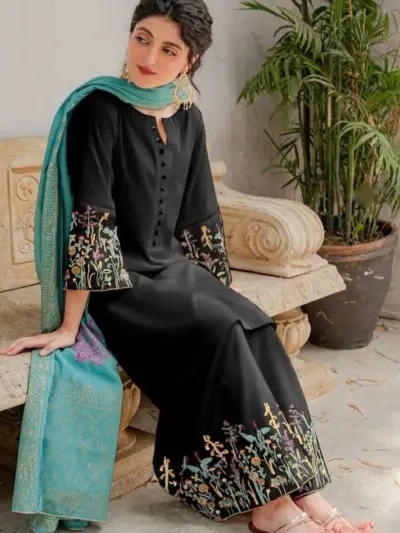 Black Embroidered 3-Piece Lawn Suit with Printed Diamond Dupatta