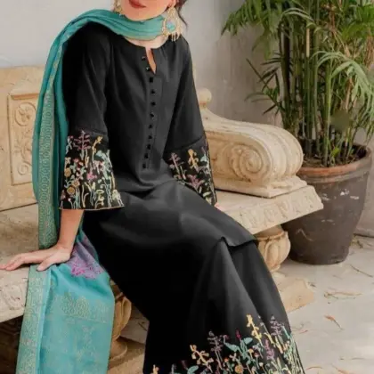 Black Embroidered 3-Piece Lawn Suit with Printed Diamond Dupatta
