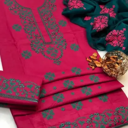 Pink Embroidered 3-Piece Lawn Kurta Set with Chiffon Dupatta