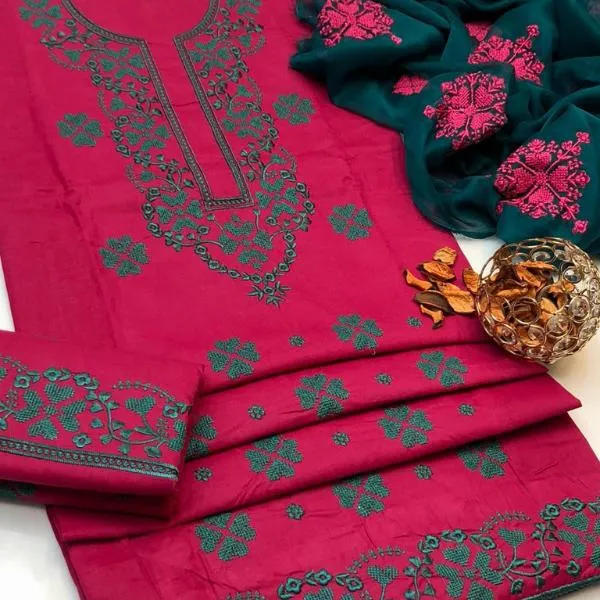 Pink Embroidered 3-Piece Lawn Kurta Set with Chiffon Dupatta