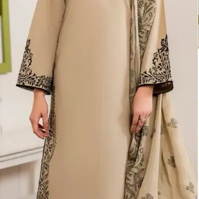 Unstitched Beige Embroidered Lawn 3-Piece Suit with Printed Diamond Dupatta for Eid & Ramadan
