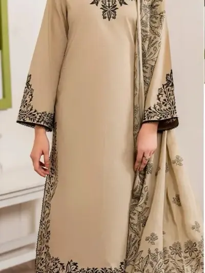 Unstitched Beige Embroidered Lawn 3-Piece Suit with Printed Diamond Dupatta for Eid & Ramadan