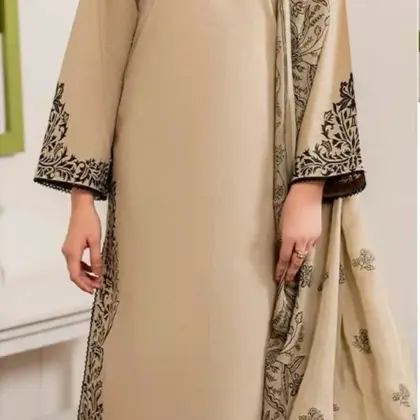 Unstitched Beige Embroidered Lawn 3-Piece Suit with Printed Diamond Dupatta for Eid & Ramadan
