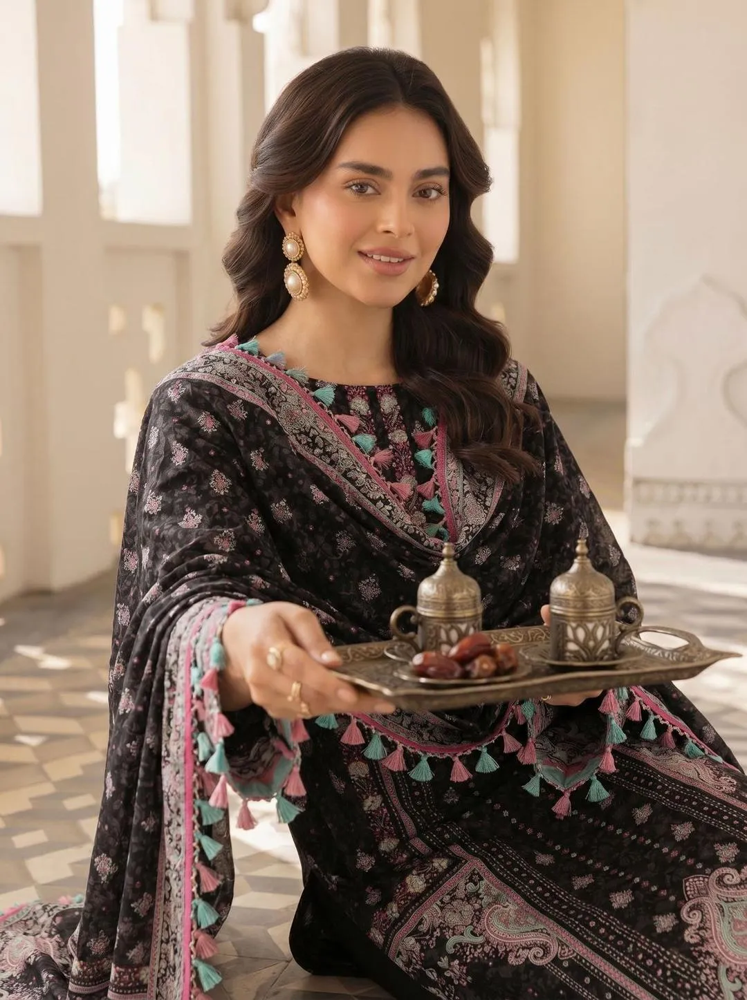 Black Printed Lawn 3-Piece Pajama Set for Women with Dobby Lawn Dupatta