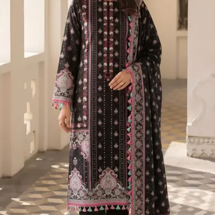 Black Printed Lawn 3-Piece Pajama Set for Women with Dobby Lawn Dupatta