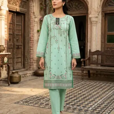 Cotton Embroidered 3-Piece Multicolor Kurta Set with Organza Dupatta - Large