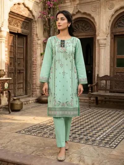 Cotton Embroidered 3-Piece Multicolor Kurta Set with Organza Dupatta - Large