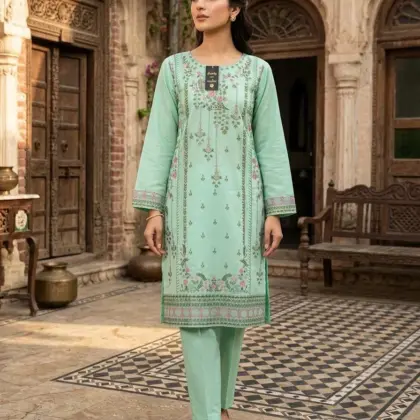Cotton Embroidered 3-Piece Multicolor Kurta Set with Organza Dupatta - Large