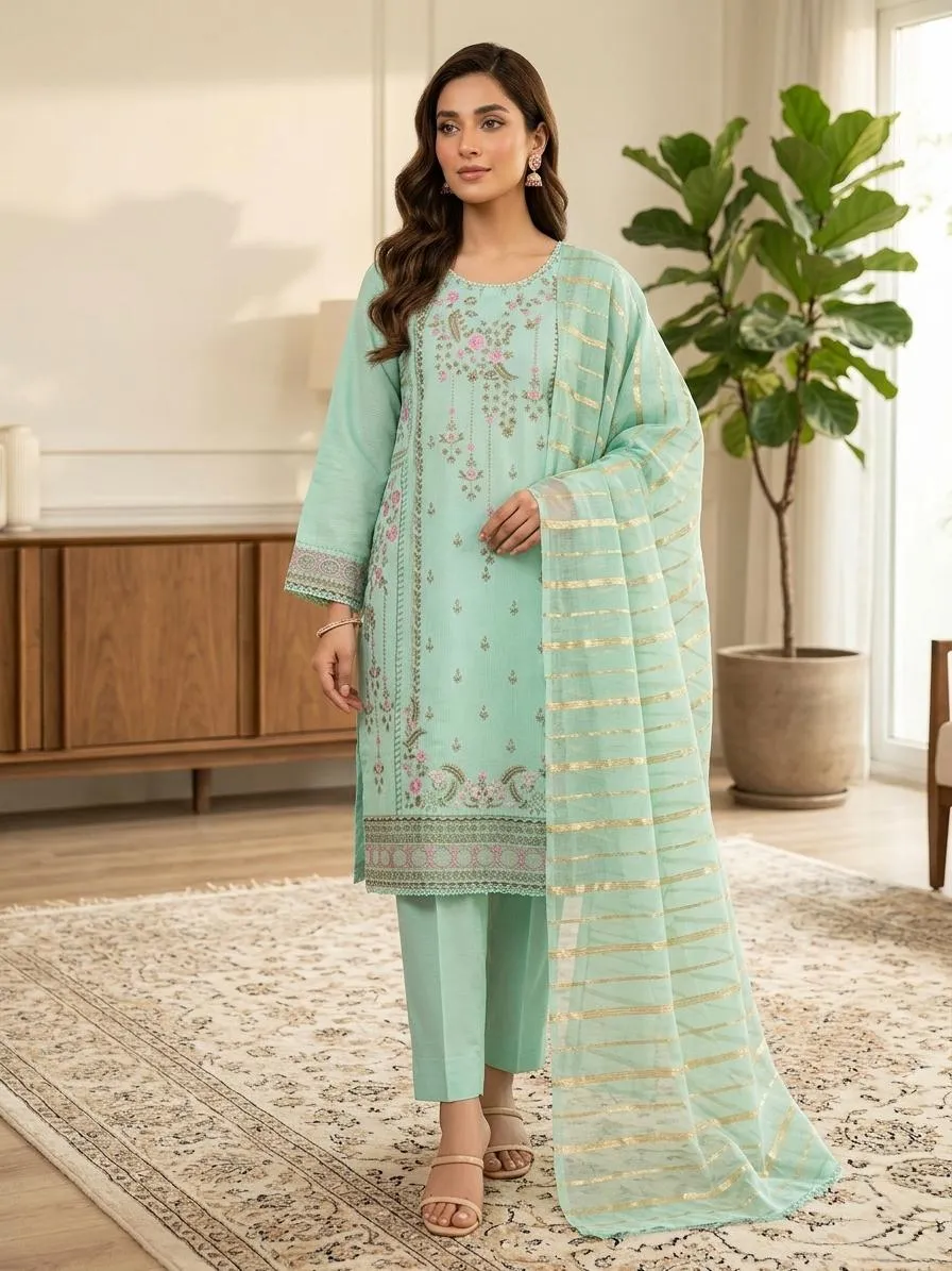 Cotton Embroidered 3-Piece Multicolor Kurta Set with Organza Dupatta - Large