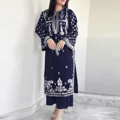 Women Embroidered Blue Dhanak 2-Piece Unstitched Suit - 2.5 Gazz