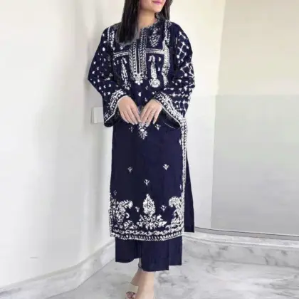 Women Embroidered Blue Dhanak 2-Piece Unstitched Suit - 2.5 Gazz