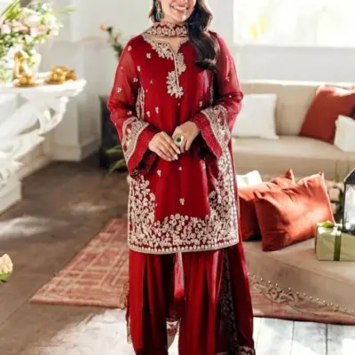 Maroon Embroidered 3-Piece Kurta Pajama Set with Farshi Shalwar and Chiffon Dupatta