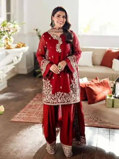 Maroon Embroidered 3-Piece Kurta Pajama Set with Farshi Shalwar and Chiffon Dupatta