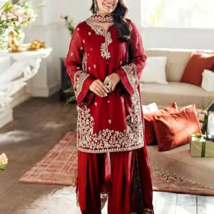 Maroon Embroidered 3-Piece Kurta Pajama Set with Farshi Shalwar and Chiffon Dupatta
