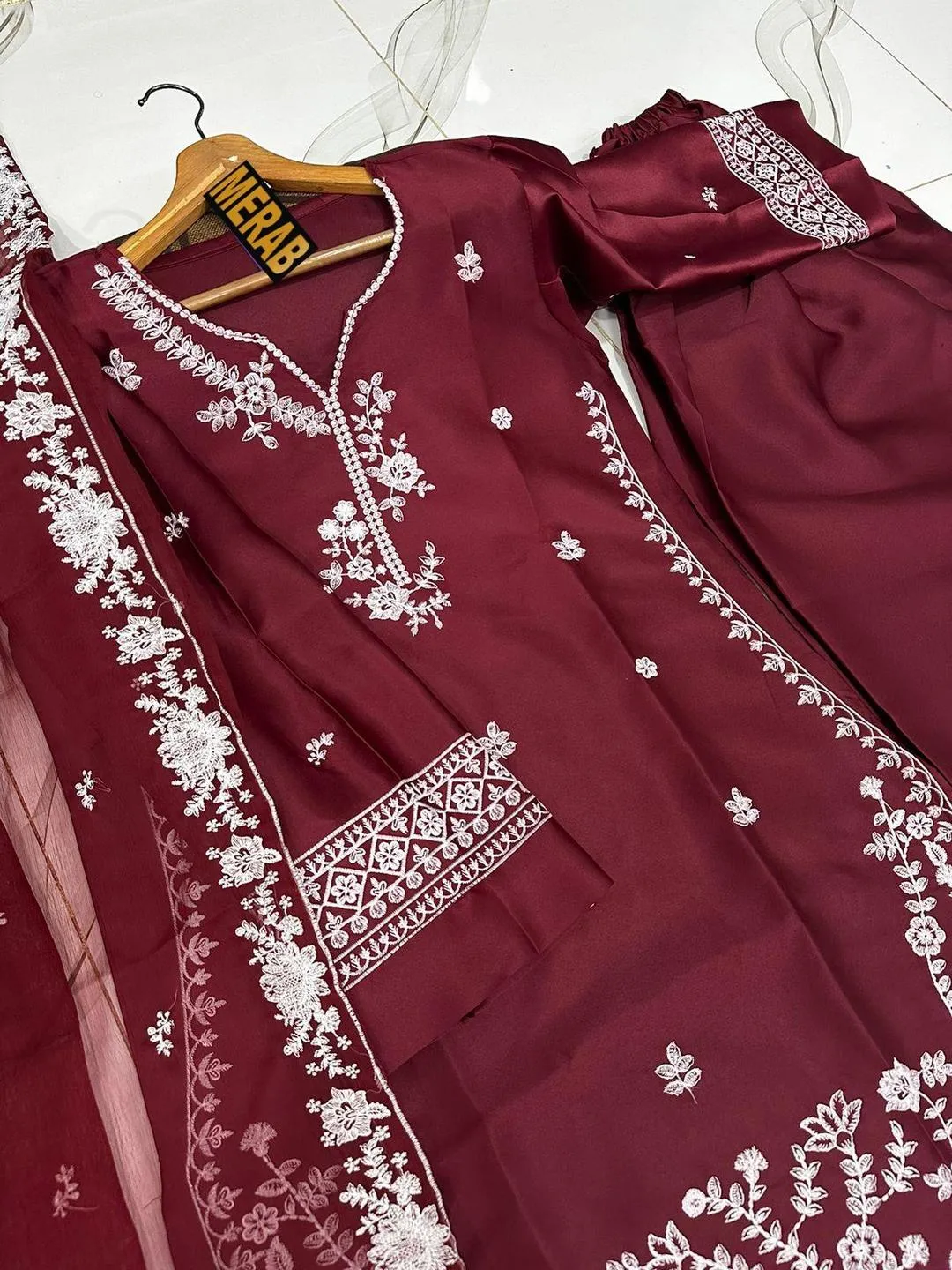 Maroon Embroidered 3-Piece Kurta Pajama Set with Farshi Shalwar and Chiffon Dupatta