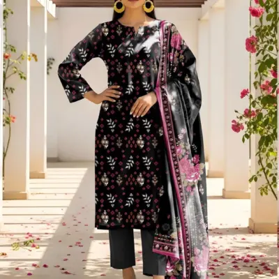 Black Printed Lawn 3-Piece Kurta Set with Dobby Lawn Dupatta for Women