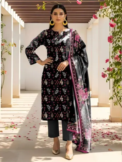 Black Printed Lawn 3-Piece Kurta Set with Dobby Lawn Dupatta for Women