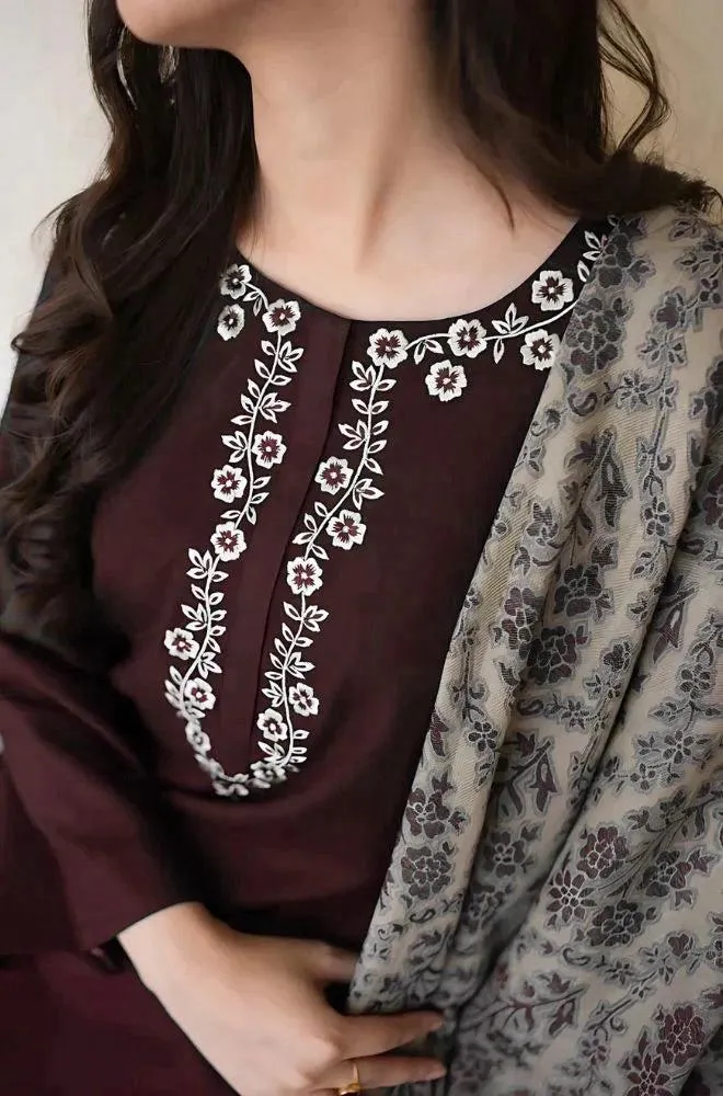 Women Embroidered Maroon 3-Piece Kurta Set with Floral Shawl Dupatta