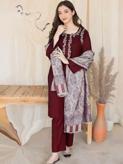 Women Embroidered Maroon 3-Piece Kurta Set with Floral Shawl Dupatta